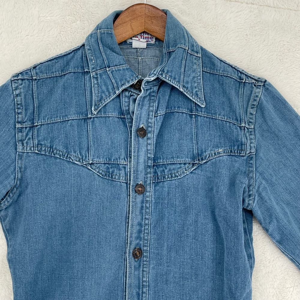 Vintage On Time by Prime Time Denim Western Shirt Medium Blue Grid Yoke 70s M